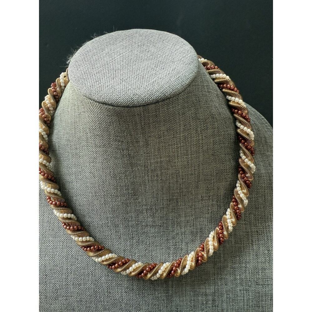 Vintage Twisted Rope Coil Bead Necklace Gold Tone Choker Collar Bib Y2K 80s 23”